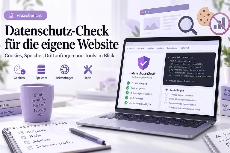 Illustration eines technischen Datenschutz-Checks einer Website mit Browser, Cookies, Speicher und Drittanbieter-Verbindungen