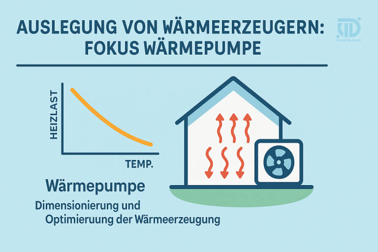 Infografik zur Auslegung von Wärmeerzeugern mit Fokus auf Wärmepumpen, zeigt Heizlast-Temperatur-Diagramm und ein Haus mit Wärmepumpe.