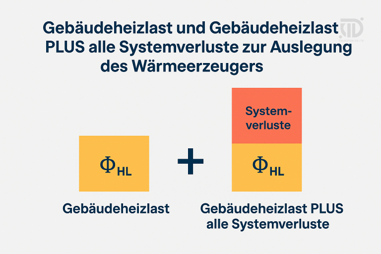 Infografik mit zwei farblich unterteilten Blöcken: Links die Gebäudeheizlast (Φ_HL), rechts die Gebäudeheizlast plus zusätzliche Systemverluste als Grundlage zur Auslegung des Wärmeerzeugers.