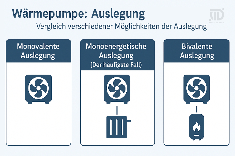 Infografik zeigt drei Arten der Auslegung von Wärmepumpen: monovalent, monoenergetisch (häufigster Fall) und bivalent.
