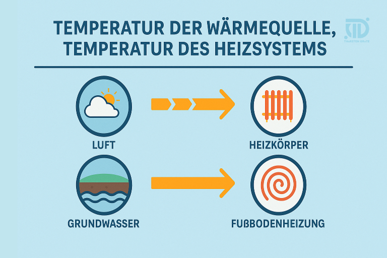 Infografik zur Temperatur der Wärmequellen und Heizsysteme, zeigt Luft und Grundwasser als Quellen sowie Heizkörper und Fußbodenheizung als Abnehmer.