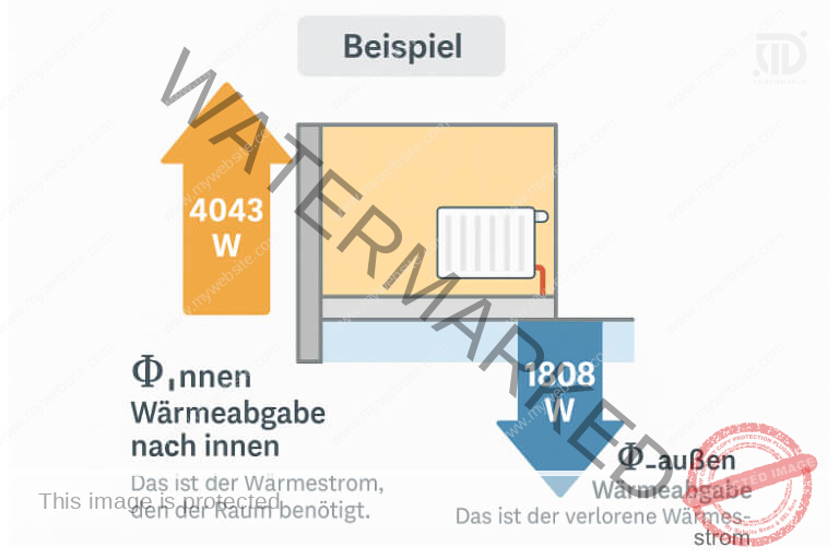 Querschnitt eines beheizten Raums mit Darstellung des Wärmestroms nach oben in den Raum (4043 W) und Wärmeverlust nach unten ins Erdreich (1808 W), dargestellt mit farbigen Pfeilen.