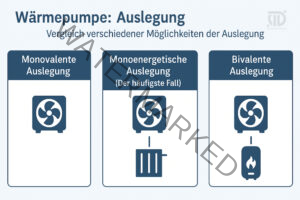 Infografik zeigt drei Arten der Auslegung von Wärmepumpen: monovalent, monoenergetisch (häufigster Fall) und bivalent.