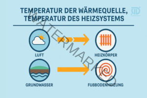 Infografik zur Temperatur der Wärmequellen und Heizsysteme, zeigt Luft und Grundwasser als Quellen sowie Heizkörper und Fußbodenheizung als Abnehmer.